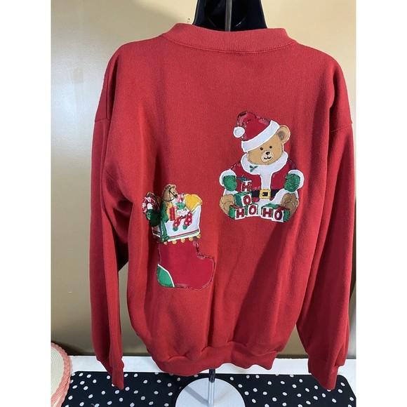 Vintage Embroidered/ Puppies In Sleigh Santa With Gifts 2side Sweatshirt Size XL - Picture 11 of 16